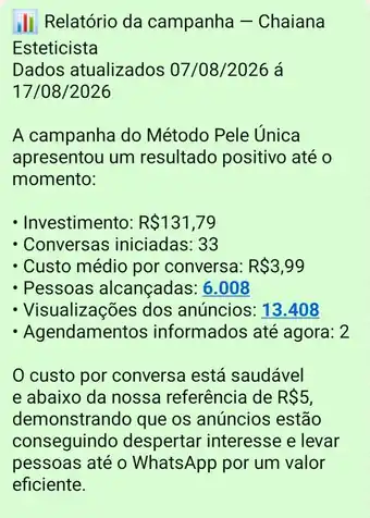 Print do relatório parcial da campanha enviado à cliente pelo WhatsApp