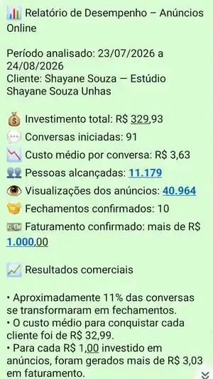 Print do relatório de desempenho enviado à cliente pelo WhatsApp